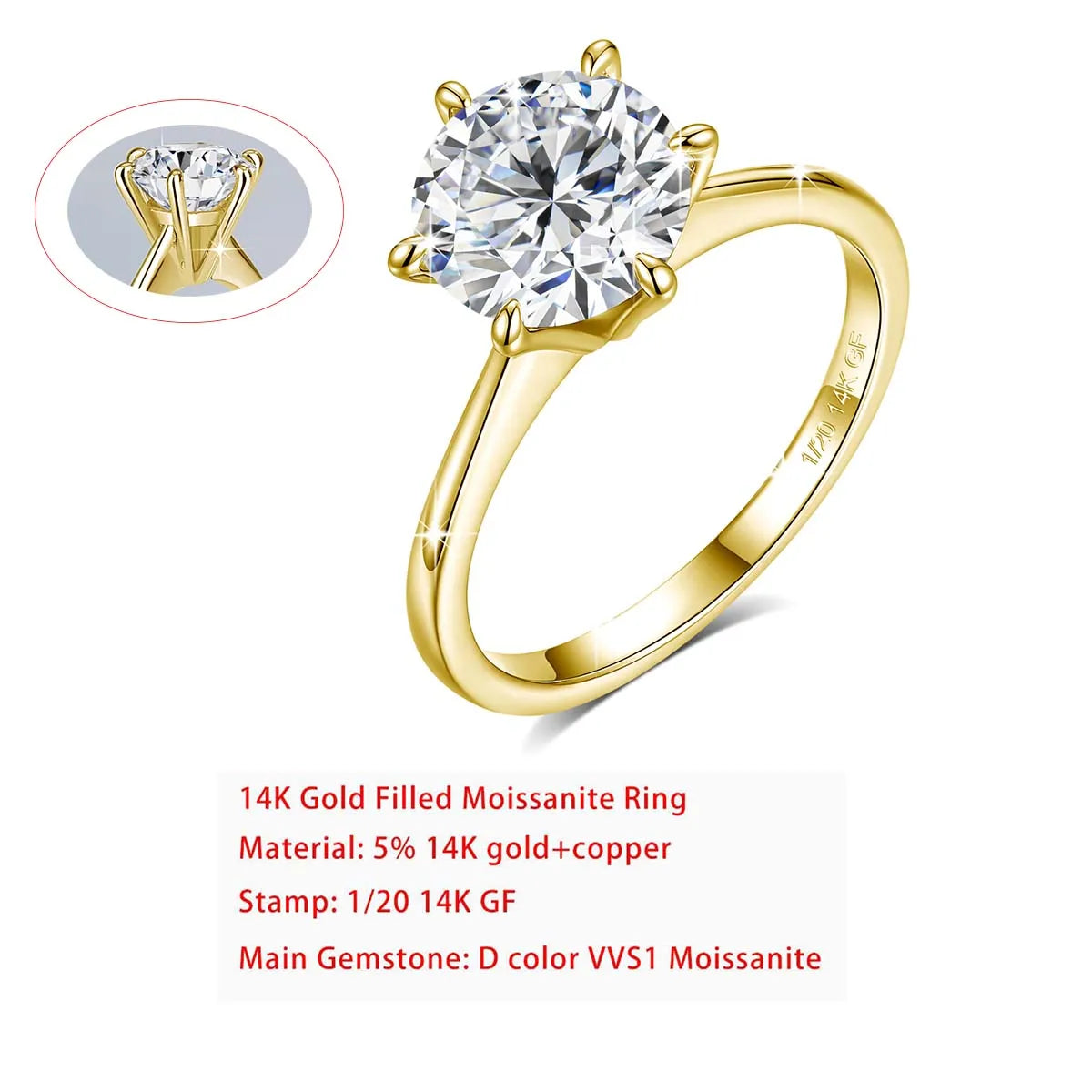 Sdoou Real Gold 14K 6 Prongs Round 1-3ct Moissanit