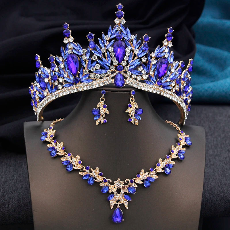 Royal Queen 3 Pcs Tiaras and necklace earrings for - Gold Blue Set