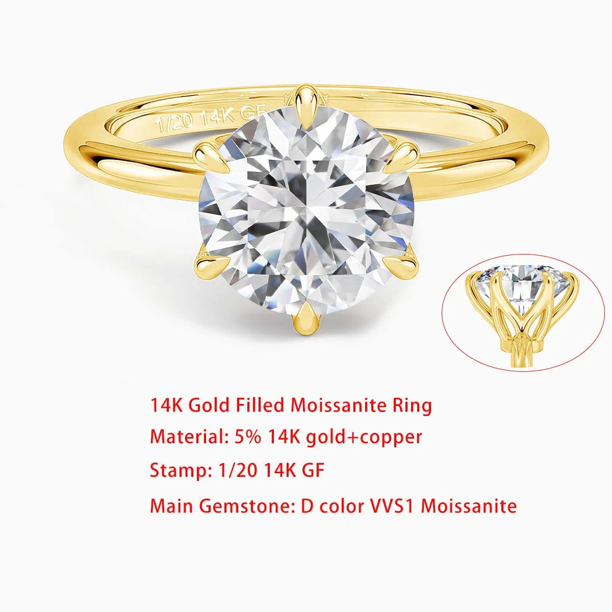 Sdoou Real Gold 14K 6 Prongs Round 1-3ct Moissanit