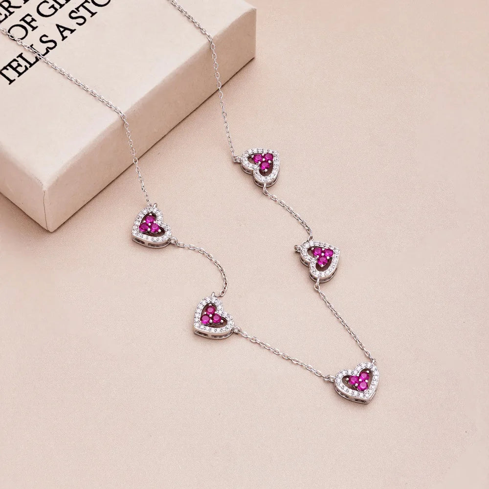 Genuine S925 Sterling Silver Necklace  5-Color Heart - Red / 40-45cm