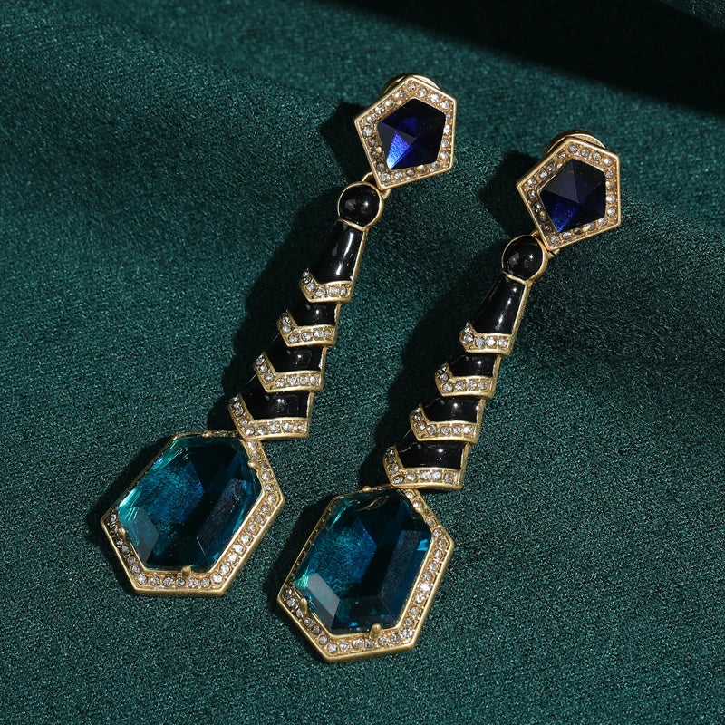 Vintage Long Blue Crystal Drop Earring Gold Color - 01