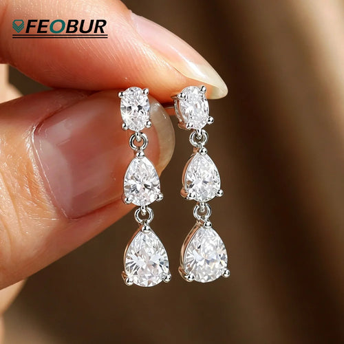 3-Stones Full Moissanite Drop Earring for Women