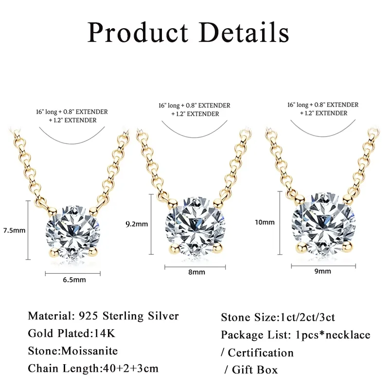 Lnngy 1CT 2CT 3CT Certified Moissanite Pendant