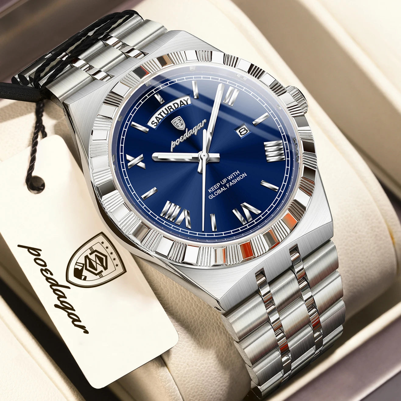 POEDAGAR Fashion Business Men's Watch Luminous - 675 Silver Blue / China Mainland