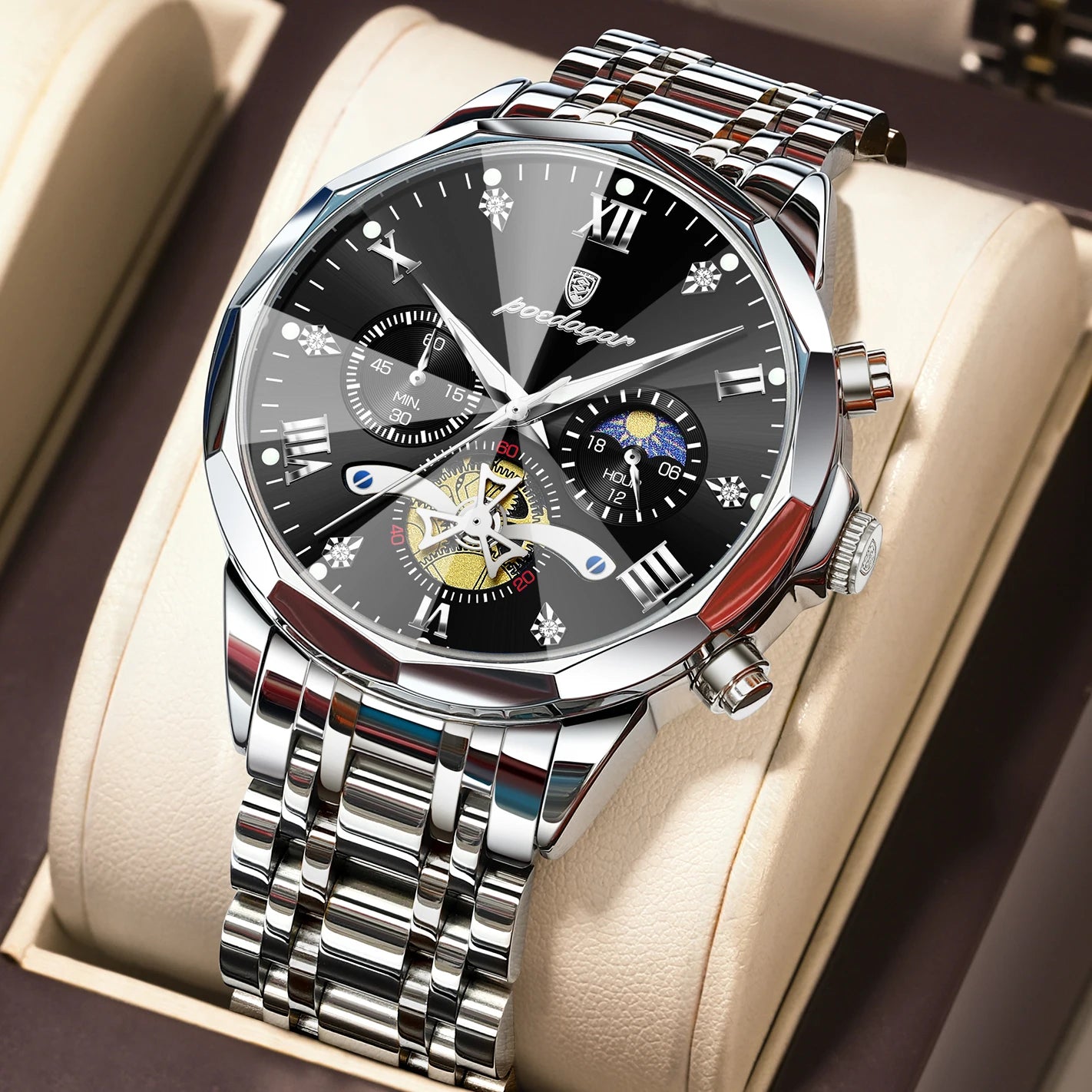 POEDAGAR Luxury Men Clock Waterproof Luminous - 938 Silver Black / China Mainland