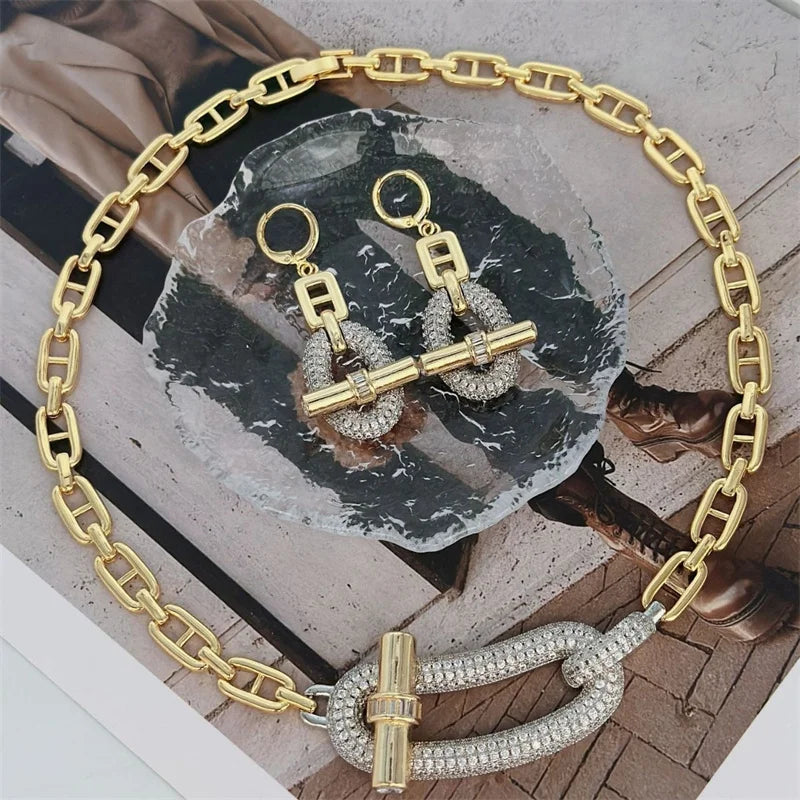 18k Gold Plated Stud Chain Nekelace Earrings Pave