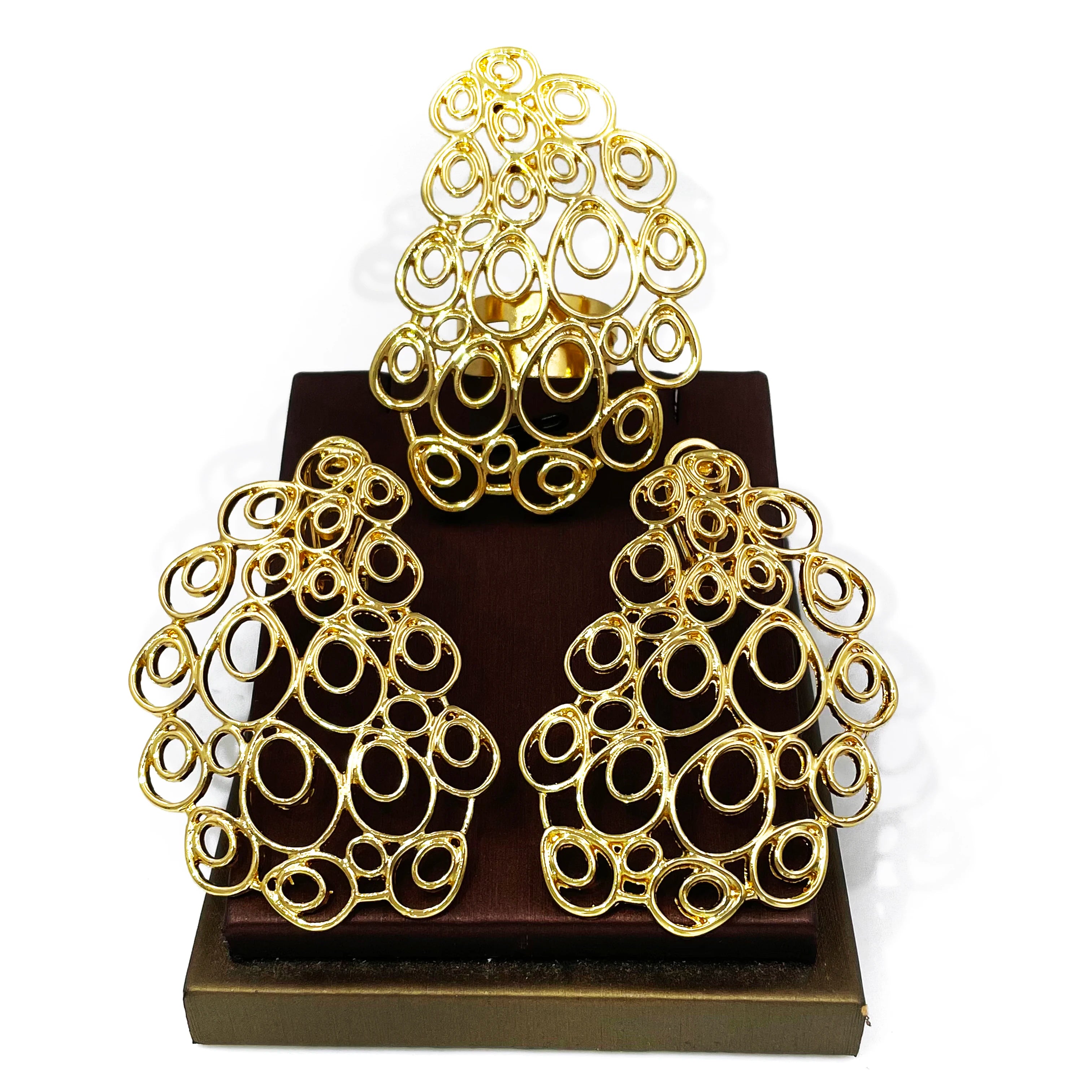 Big Size Earrings And Ring Set 18K Gold Plated Drop - 1