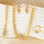 Luxury Gold Plated Cuban Link Chain Jewelry Set - Light Yellow Gold Color
