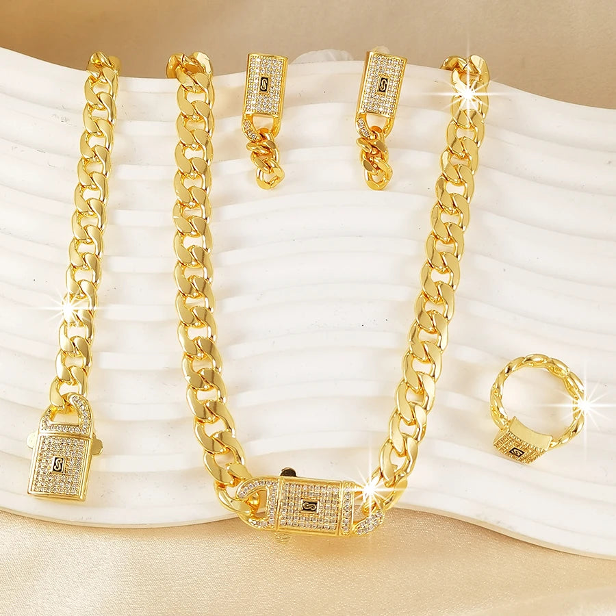 Luxury Gold Plated Cuban Link Chain Jewelry Set - Light Yellow Gold Color