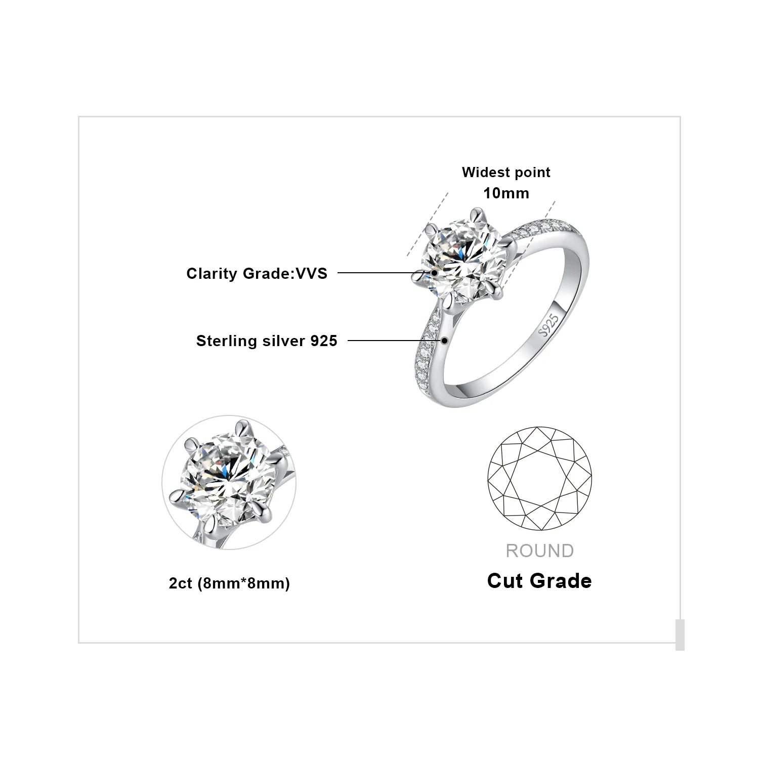 JewelryPalace Moissanite D Color 0.5ct 1ct 1.5ct 2ct - GRA Certificate / 2ct Silver Color / 6, GRA Certificate / 2ct Silver Color / 5, GRA Certificate / 2ct Silver Color / 8, GRA Certificate / 2ct Silver Color / 7, GRA Certificate / 2ct Silver Color / 10, GRA Certificate / 2ct Silver Color / 9