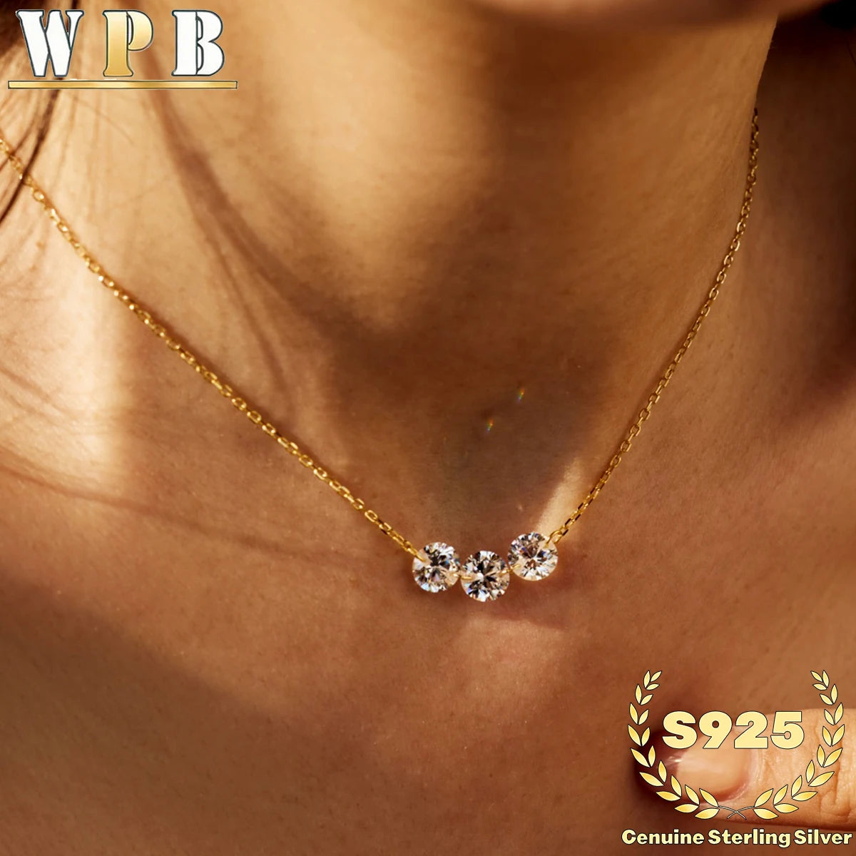 Genuine S925 Silver 3 Sparkling Zircon Necklace Dainty