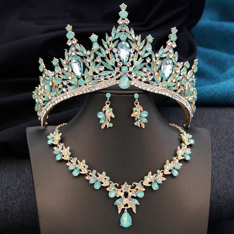 Royal Queen 3 Pcs Tiaras and necklace earrings for - Opal Green Set