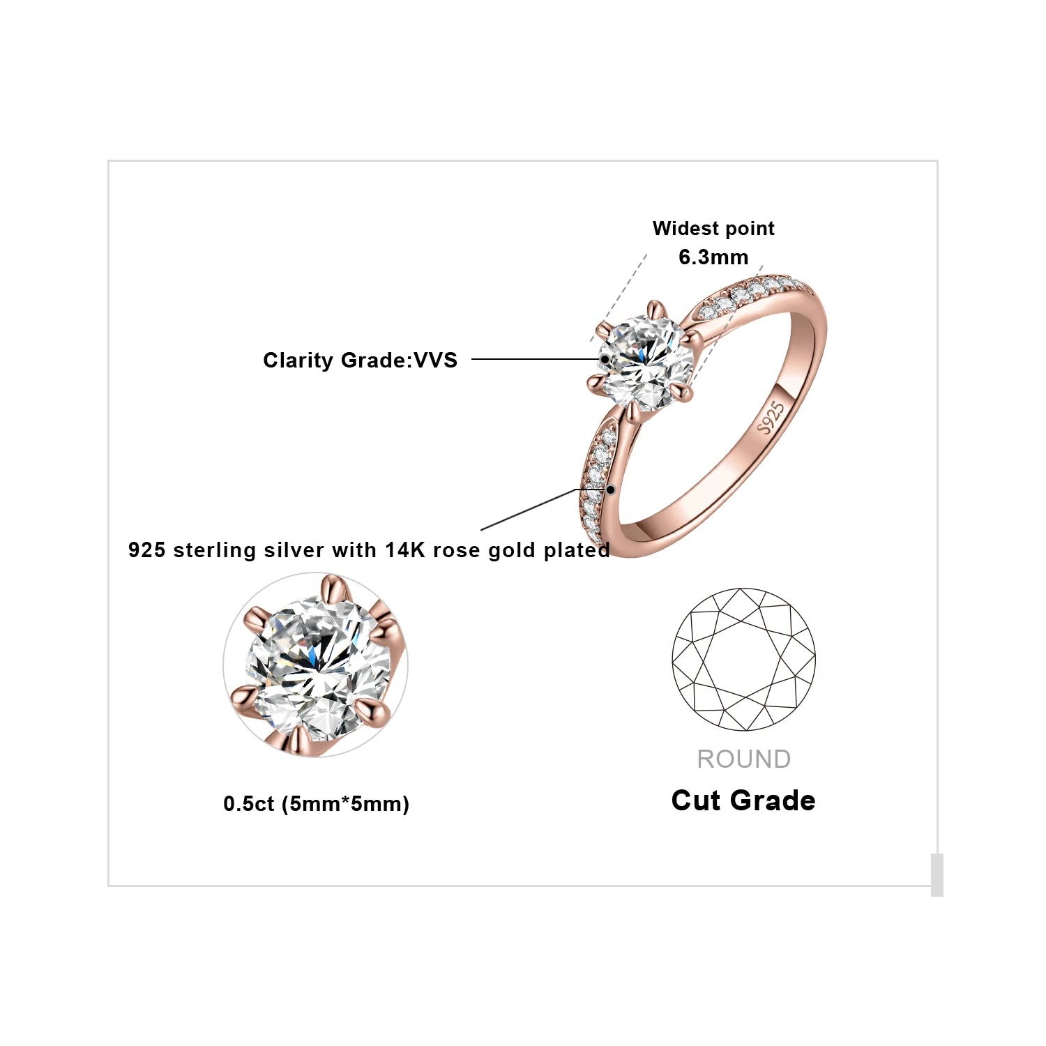 JewelryPalace Moissanite D Color 0.5ct 1ct 1.5ct 2ct - GRA Certificate / 0.5ct Rose Color / 6, GRA Certificate / 0.5ct Rose Color / 5, GRA Certificate / 0.5ct Rose Color / 8, GRA Certificate / 0.5ct Rose Color / 7, GRA Certificate / 0.5ct Rose Color / 10, GRA Certificate / 0.5ct Rose Color / 9