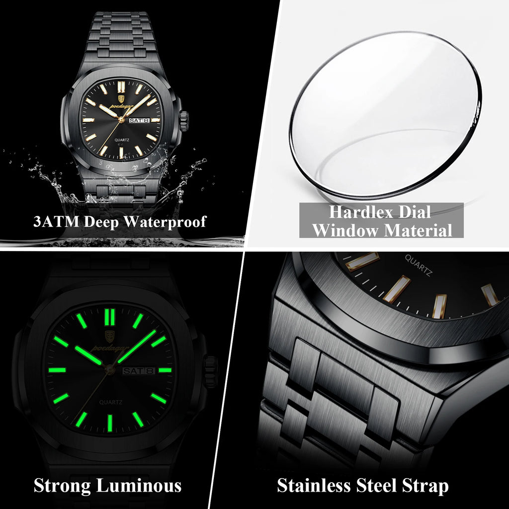 POEDAGAR Luxury Square Men's Watches Waterproof