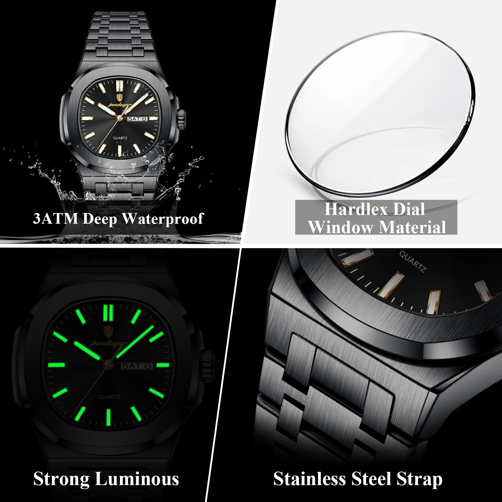 POEDAGAR Luxury Square Men's Watches Waterproof