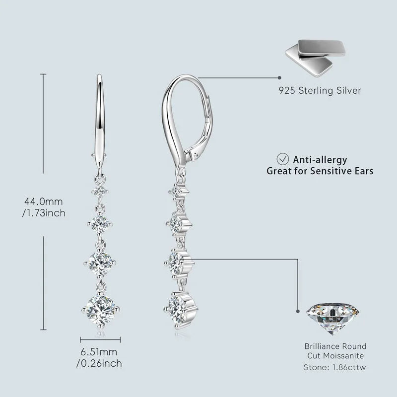 Anziw 42mm Long Dangle D Moissanite Drop Earrings for - 4 Stones-Silver