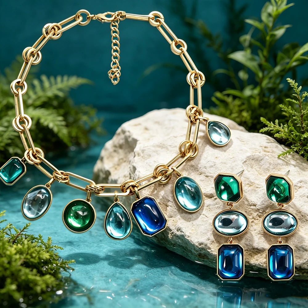 Multi Color Blue And Green Crystal Jewelry Set Gold