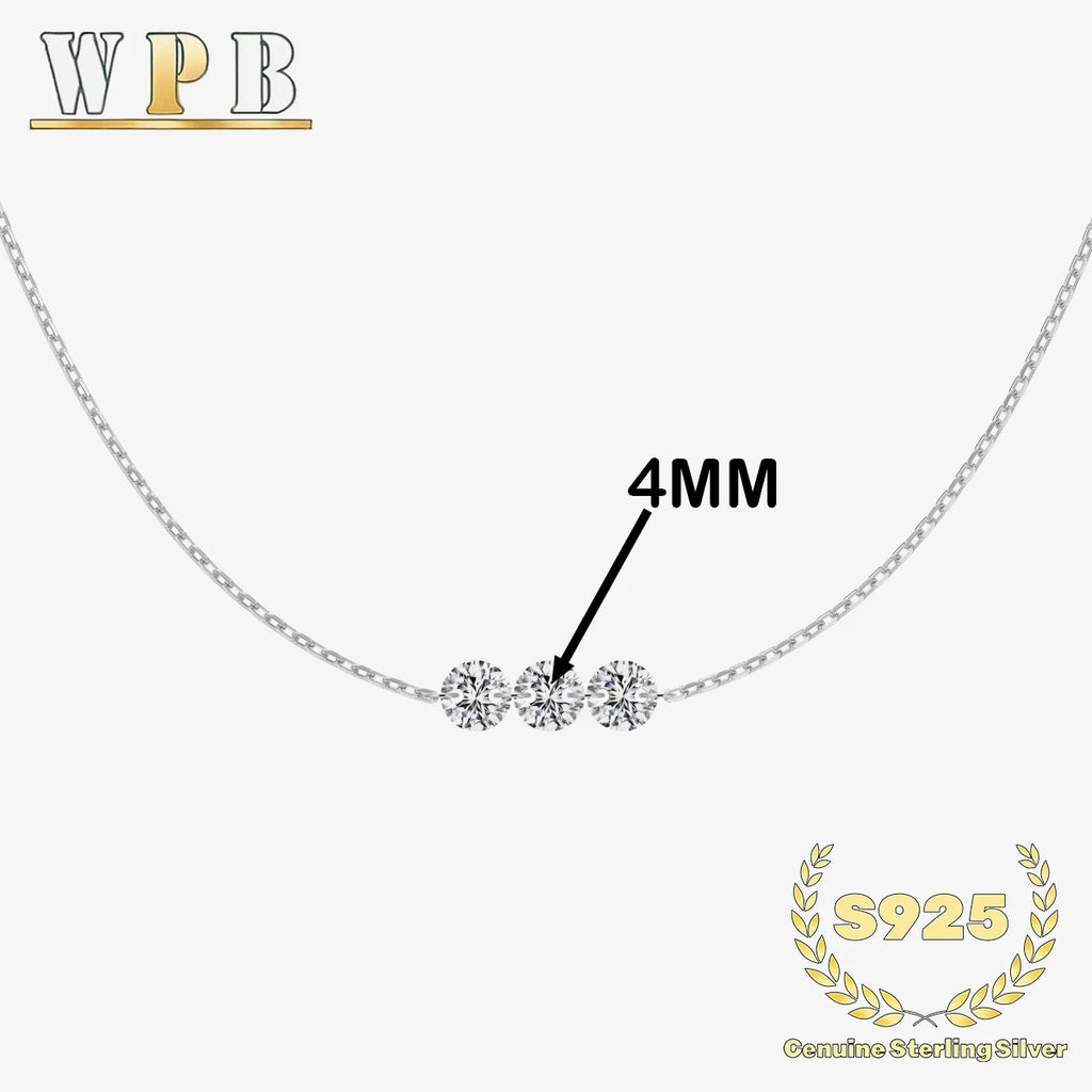 Genuine S925 Silver 3 Sparkling Zircon Necklace Dainty - DY191196-P-4MM / 45cm