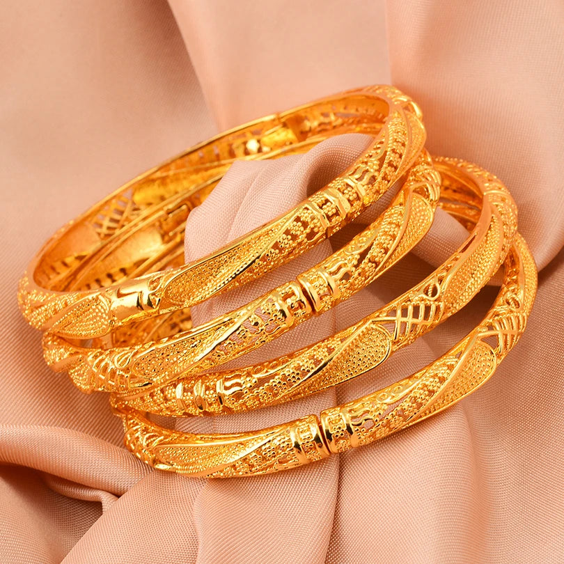 Bracelets Dubai Gold Color Bangles For Women Men Girls - 4pcs 4 / 58-60mm / Gold