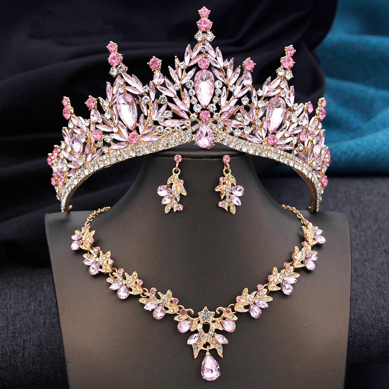 Royal Queen 3 Pcs Tiaras and necklace earrings for - Pink Set