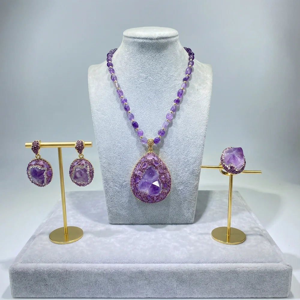 3pcs Jewelry Set Large Raw Amethyst Quartz Crystal