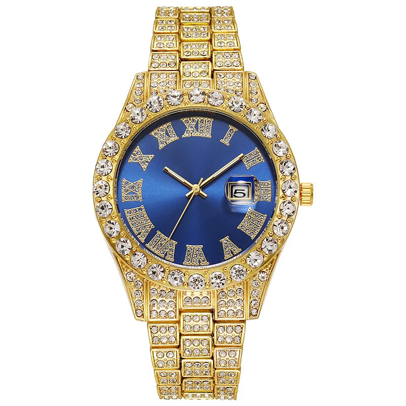 Luxury Classic Golden Men's Steel Strap Roman Scale - gold blue / CN